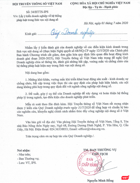 Công văn Hội Truyền thông số Việt Nam gửi các doanh nghiệp, lấy ý kiến về hệ thống pháp luật trong lĩnh vực truyền thông số. Công văn Hội Truyền thông số Việt Nam gửi các doanh nghiệp, lấy ý kiến về hệ thống pháp luật trong lĩnh vực truyền thông số.