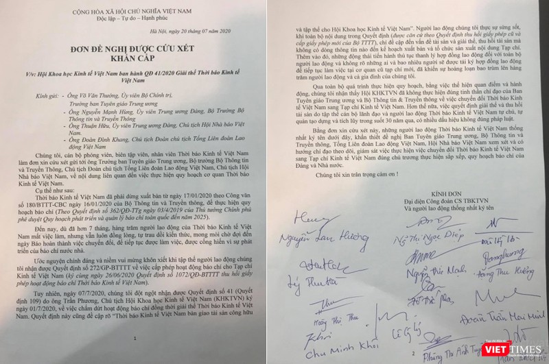 Đơn xin cứu xét khẩn cấp của người lao động Thời báo Kinh tế Việt Nam vừa được hoàn thành hôm nay (20/7).