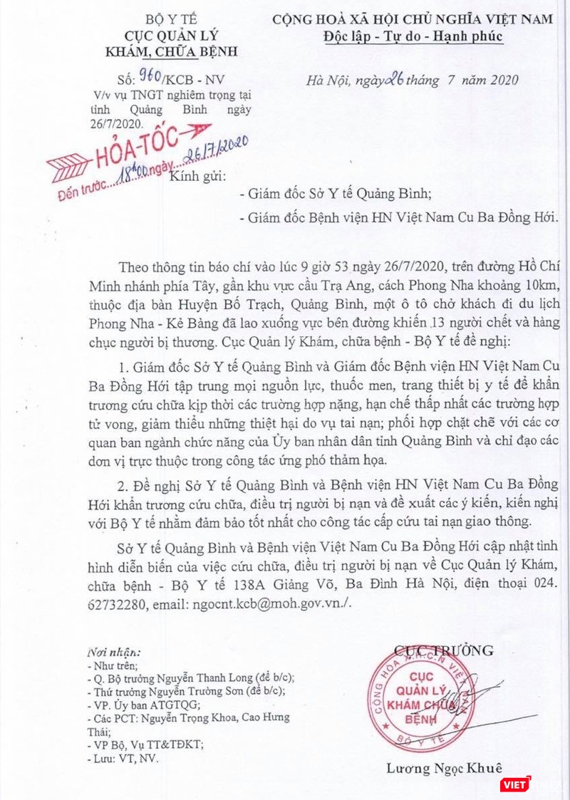Công văn khẩn mà Cục Quản lý khám, chữa bệnh vừa phát đi chiều nay về vụ TNGT nghiêm trọng tại Quảng Bình.