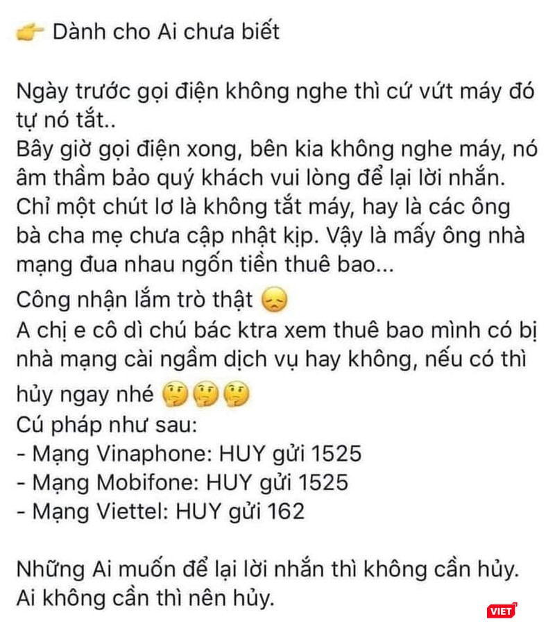 Thông tin về việc tắt, hủy dịch vụ Lời nhắn thoại được người dùng chia sẻ nhiều trên Facebook - Ảnh chụp từ Facebook.