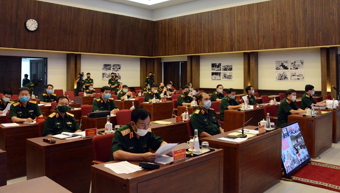 Các đại biểu dự hội nghị tại điểm cầu Bộ Quốc phòng. Ảnh: Bộ Quốc phòng.