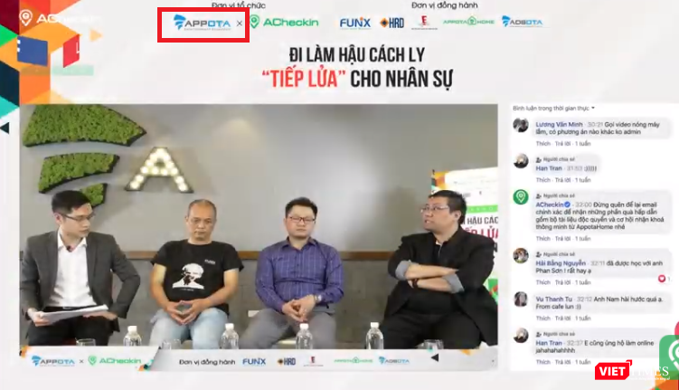 Mẫu nhãn hiệu của Appota (khoanh đỏ ở góc trên) có 2 chữ P trong nhãn hiệu và logo. Ảnh chụp từ một chương trình tọa đàm được phát trực tuyến do Appota tổ chức.