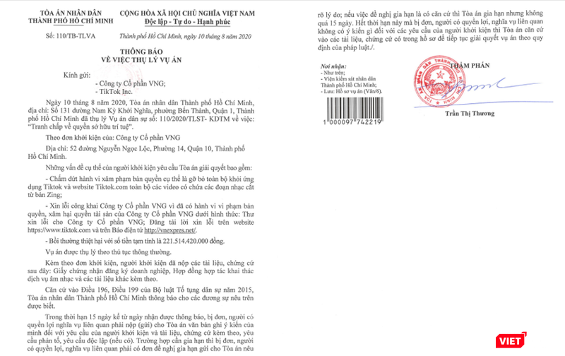 Thông báo về việc thụ lý vụ việc VNG kiện TikTok do vi phạm quyền sở hữu trí tuệ. Thông báo về việc thụ lý vụ việc VNG kiện TikTok do vi phạm quyền sở hữu trí tuệ.