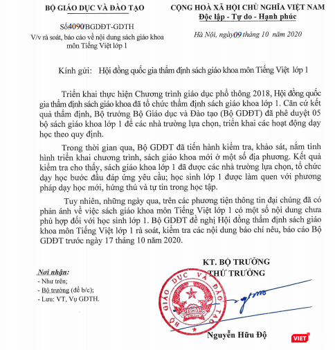 Văn bản gửi Hội đồng quốc gia thẩm định sách giáo khoa môn Tiếng Việt lớp 1 do Thứ trưởng Nguyễn Hữu Độ ký.