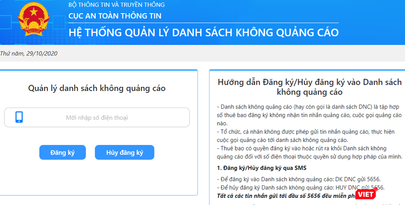Cổng thông tin quản lý danh sách không quảng cáo tại địa chỉ: https://khongquangcao.ais.gov.vn. Cổng thông tin quản lý danh sách không quảng cáo tại địa chỉ: https://khongquangcao.ais.gov.vn.