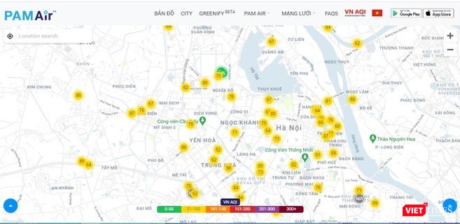Bản đồ Hà Nội về các điểm quan trắc chất lượng không khí của hệ thống PAM Air do Công ty D&amp;L triển khai