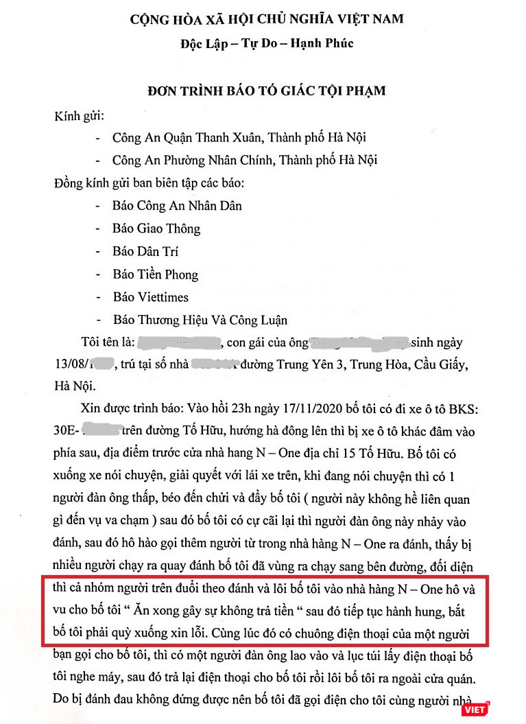 Đơn trình báo của chị Đ.D.A. về việc ông Đ.H.H. bị hành hung.