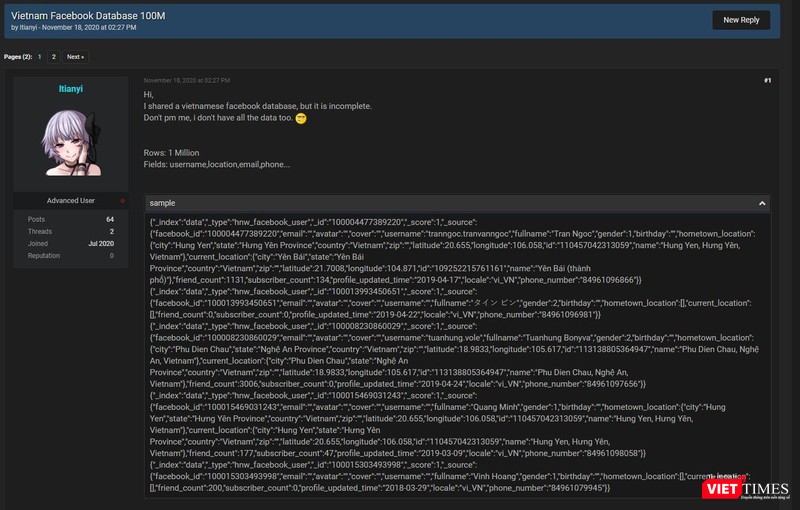 Thông tin được cho là dữ liệu cá nhân của người dùng Facebook Việt Nam được rao trên diễn đàn. Thông tin được cho là dữ liệu cá nhân của người dùng Facebook Việt Nam được rao trên diễn đàn.