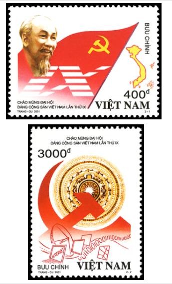Bộ tem đặc biệt “Chào mừng Đại hội Đảng Cộng sản Việt Nam lần thứ IX”, phát hành ngày 18/4/2001, gồm 2 mẫu