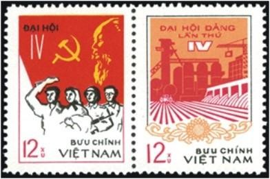 Bộ tem đặc biệt “Đại hội IV Đảng Cộng sản Việt Nam”, phát hành ngày 10/12/1976, gồm 2 mẫu