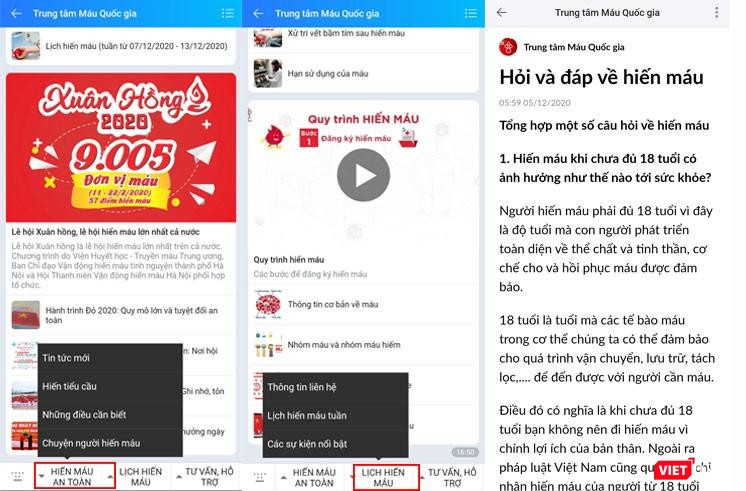 Các tính năng của trang Zalo “Trung tâm Máu quốc gia”