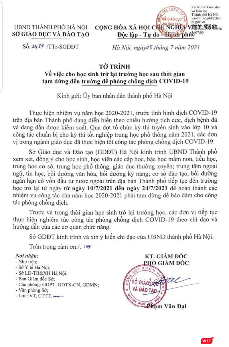 Tờ trình của Sở GD&amp;ĐT TP. Hà Nội đề xuất cho học sinh đến trường trở lại