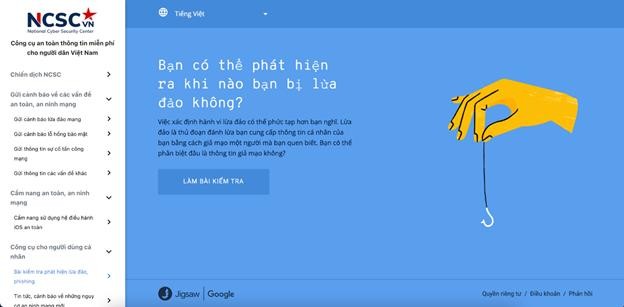 Công cụ trắc nghiệm về lừa đảo qua mạng do Google phối hợp cùng Trung tâm Giám sát an toàn không gian mạng Quốc gia xây dựng