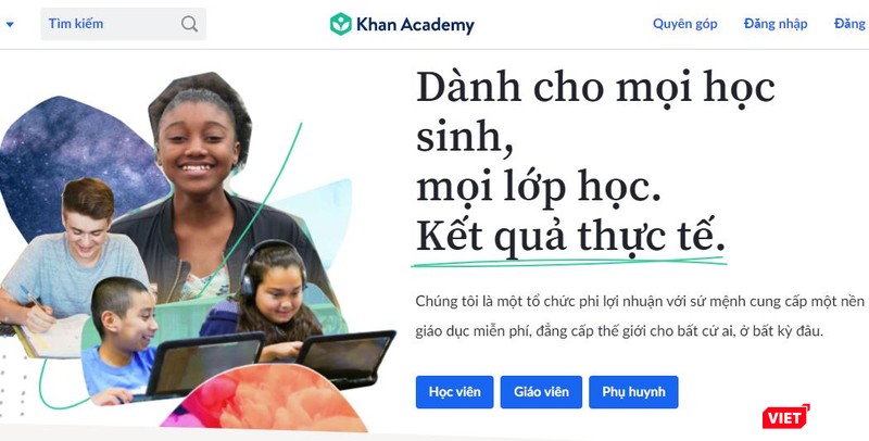 Giao diện của Khan Academy tiếng Việt tại địa chỉ https://vi.khanacademy.org.