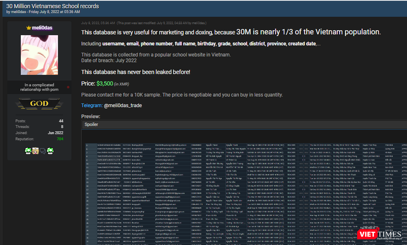 Bài viết trên diễn đàn tin tặc rao bán thông tin của 30 triệu người dân Việt Nam.