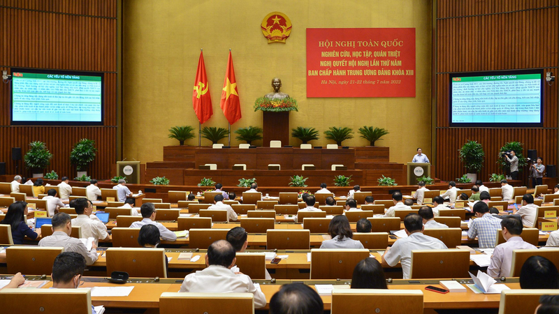 Toàn cảnh Hội nghị toàn quốc nghiên cứu, học tập, quán triệt, Nghị quyết Hội nghị lần thứ 5 Ban chấp hành Trung ương Đảng Khóa XIII ngày 21/7/2022. Ảnh: Quochoi.vn