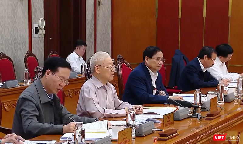 Tổng Bí thư Nguyễn Phú Trọng chủ trì cuộc họp của Bộ Chính trị và Ban Bí thư - ngày 7/4. Ảnh: Minh Lâm - TTXVN.