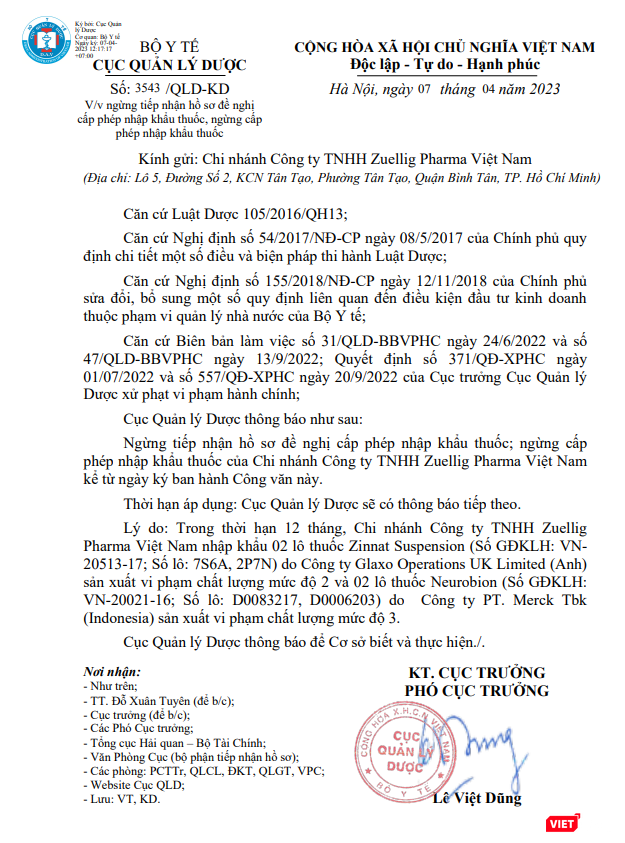 Thông báo của Cục Quản lý Dược về việc ngừng cấp phép nhập khẩu Zinnat Suspension và Neurobion.
