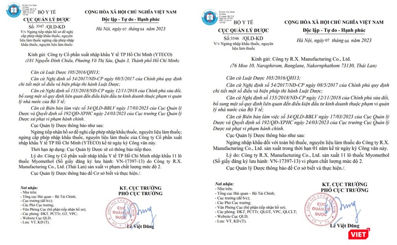 Cục Quản lý Dược thông báo ngừng cấp phép nhập khẩu thuốc của YTECO và đối tác của YTECO - Công ty R.X. Manufacturing Co., Ltd.