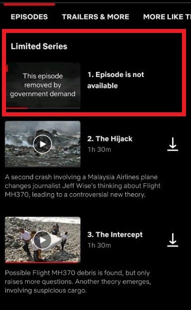 Netflix đã gỡ bỏ tập 1 của bộ phim “MH370: Chiếc máy bay mất tích” . Netflix đã gỡ bỏ tập 1 của bộ phim “MH370: Chiếc máy bay mất tích” .