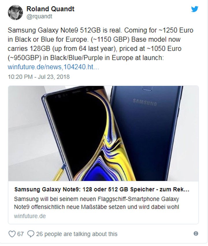 Tài khoản Twitter RolandQuandt tuyên bố rằng Samsung Galaxy Note9 sẽ có giá hơn 1.000 euro ở châu Âu, tương đương khoảng 27,2 triệu đồng. Cụ thể, các phiên bản Note9 dung lượng từ 64GB đến 128GB, có giá khoảng 1050 euro (28,5 triệu đồng) còn bản đặc biệt 512GB có giá 1.250 euro (34 triệu đồng).