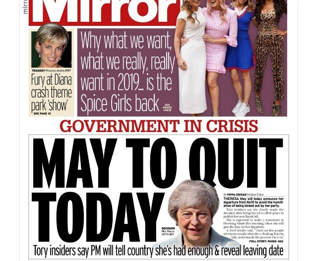 Bài viết có tiêu đề “Bà May sẽ ra đi vào ngày hôm nay” đăng trên trang nhất của tờ Daily Mirror của Anh (Ảnh: Daily Mirror)