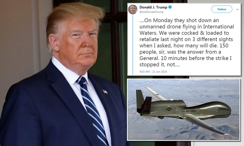 Tổng thống Trump tin rằng một chiếc máy bay không người lái bị bắn hạ không thể là cớ để thực hiện đòn tấn công có thể khiến 150 người thiệt mạng (Ảnh: DailyMail)