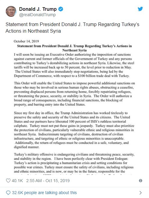 Tuyên bố mà ông Trump đăng tải trên Twitter (Ảnh: CNBC)