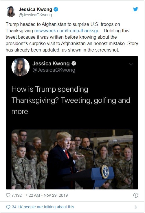 Chi tiết vụ Newsweek sa thải phóng viên đưa tin sai hoạt động của ông Trump trong ngày Lễ Tạ ơn ảnh 1 Tít của bài viết gốc mà Kwong đăng tải trên Twitter (Ảnh: Twitter)