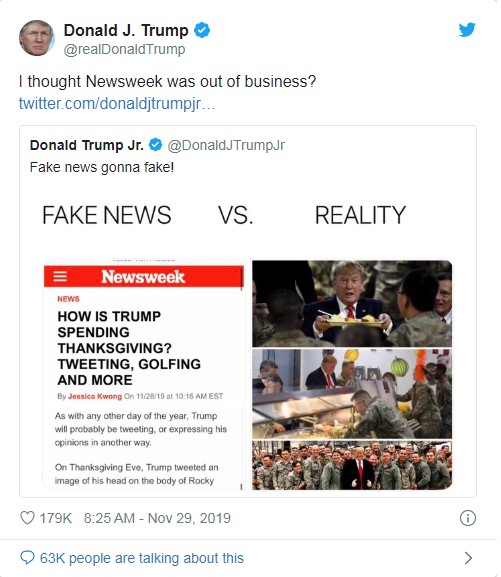 Chi tiết vụ Newsweek sa thải phóng viên đưa tin sai hoạt động của ông Trump trong ngày Lễ Tạ ơn ảnh 2 Tổng thống Trump phản ứng trước thông tin sai (Ảnh: Twitter)