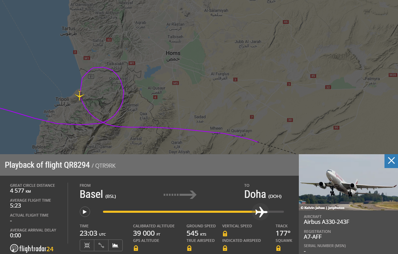 Chuyến bay số hiệu QR419 đã phải lượn 1 vòng quanh Tripoli, Libya (Ảnh: Flightradar24)