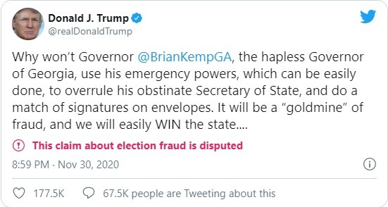 Đoạn tweet chỉ trích Thống đốc bang Georgia của ông Trump (Ảnh: Twitter)