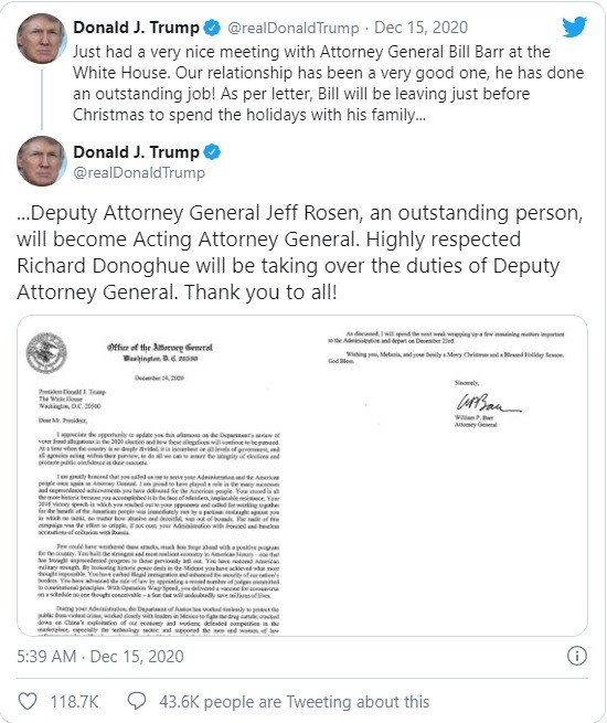 Ông Trump thông báo về người tạm thời thay thế ông Barr (Ảnh: Twitter) Ông Trump thông báo về người tạm thời thay thế ông Barr (Ảnh: Twitter)