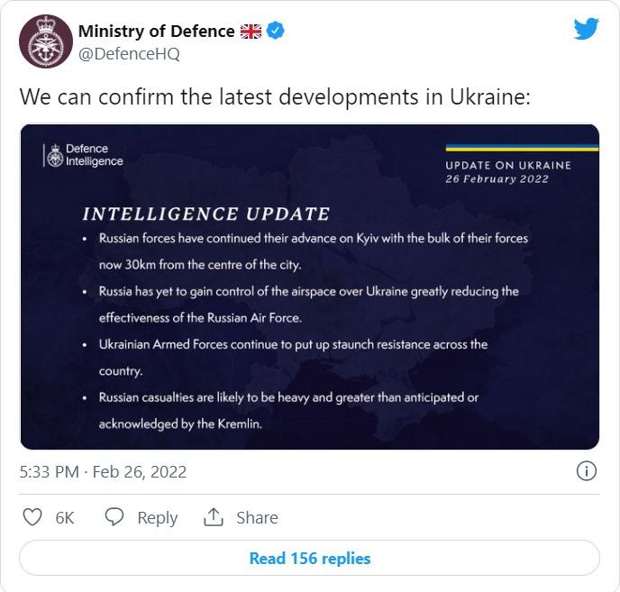 Thông tin được Bộ Quốc phòng Anh đăng tải trên Twitter (Ảnh: Twitter)