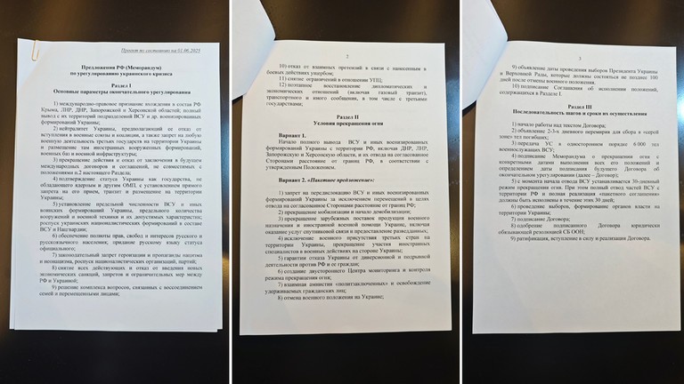 Văn bản cho thấy đề xuất hòa bình của phía Nga. Ảnh: RT.