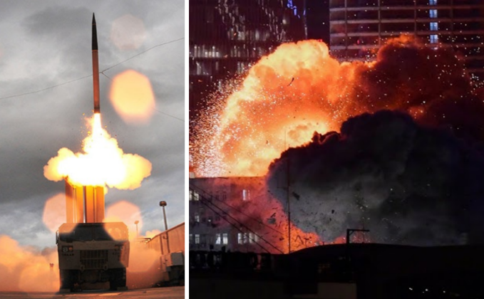 Hệ thống phóng tên lửa phòng thủ của THAAD và vụ nổ ở Tel Aviv, Israel. Ảnh: MW.