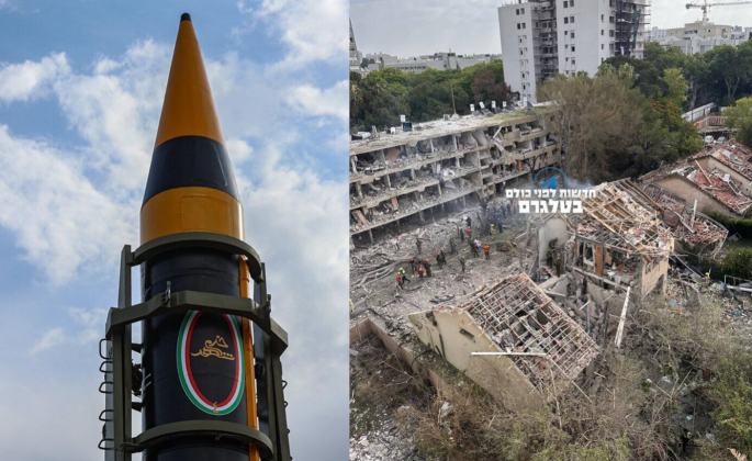 Tên lửa Kheibar và hình ảnh hủy diệt từ cuộc tấn công nhằm vào Tel Aviv, Israel. Ảnh: MW.