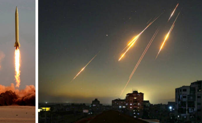 Tên lửa đạn đạo của Iran đang lao xuống Israel (phải) và hình ảnh tên lửa Shahab-3 đang được phóng. Ảnh: MW.