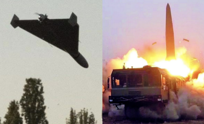 Mẫu UAV Shahed 136 và một vụ phóng tên lửa Iskander-M. Ảnh: MW.
