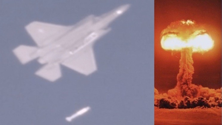 Máy bay F-35 thả bom B61 và một vụ nổ hạt nhân. Ảnh: MW.