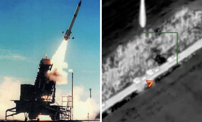 Cảnh phóng của hệ thống Patriot (trái) và Hệ thống Patriot của Ukraine ngay trước khi bị tên lửa Iskander tấn công. Ảnh: MW.