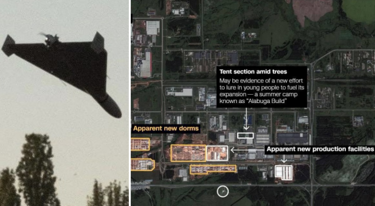 UAV Shahed 136 và ảnh vệ tinh cho thấy Nga mở rộng nhà máy Alabuga. Ảnh: MW.