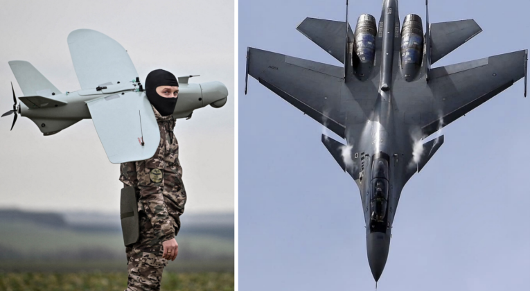 Quân nhân Ukraine với máy bay không người lái và máy bay chiến đấu Su-30 của Nga. Ảnh: MW.