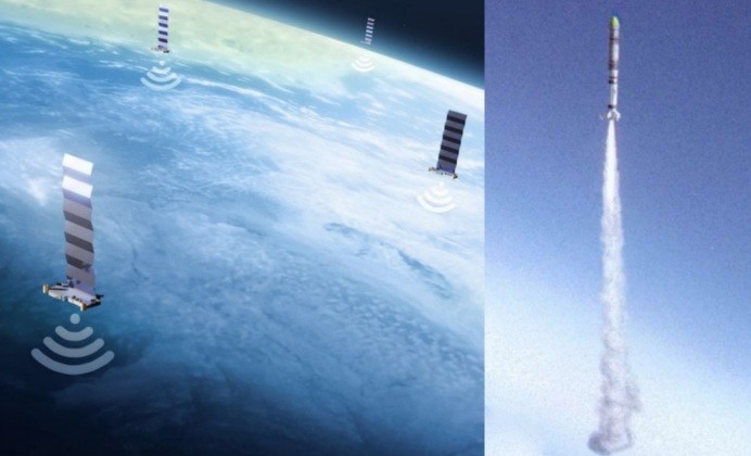 Mạng lưới Starlink (ảnh đồ họa) và một vụ phóng tên lửa chống vệ tinh. Ảnh: MW.