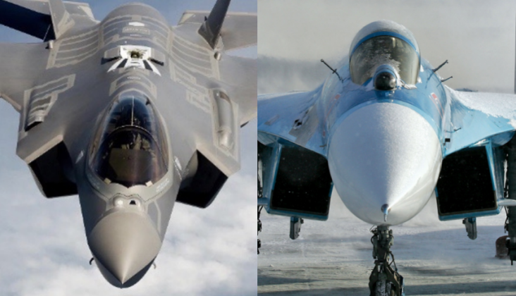 Chiến đấu cơ F-35 của Mỹ và Su-27 của Nga. Ảnh: MW.