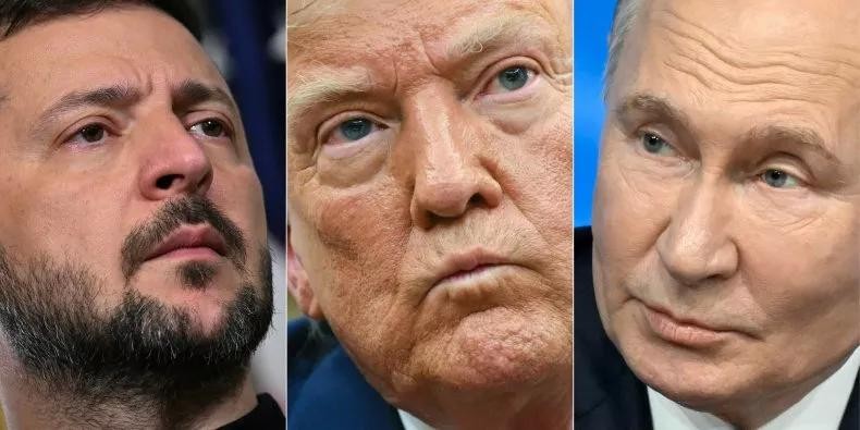 Tổng thống Ukraine Volodymyr Zelensky (trái), Tổng thống Mỹ Donald Trump (giữa) và Tổng thống Nga Vladimir Putin. Ảnh: aFP.