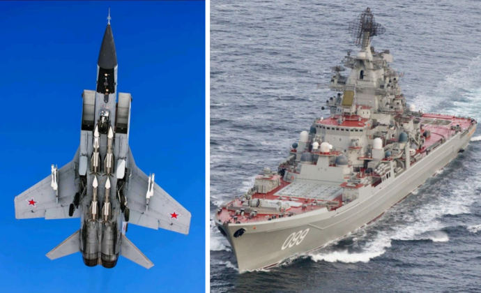 Chiến đấu cơ đánh chặn MiG-31 và tàu tuần dương lớp Kirov của Nga. Ảnh: MW.
