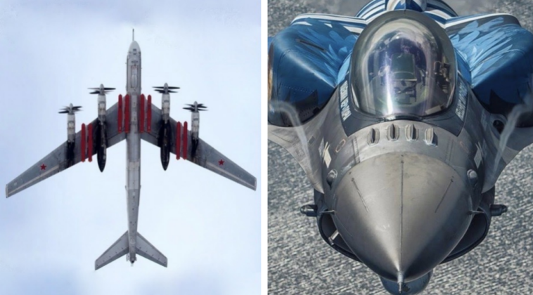 Máy bay ném bom Tu-95MS và máy bay chiến đấu F-16. Ảnh: MW.