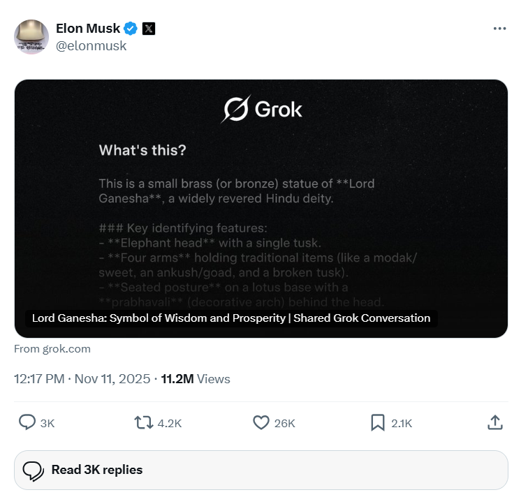 Elon Musk gây bão mạng Ấn Độ khi tung đoạn chat với AI Grok về thần Ganesha.png