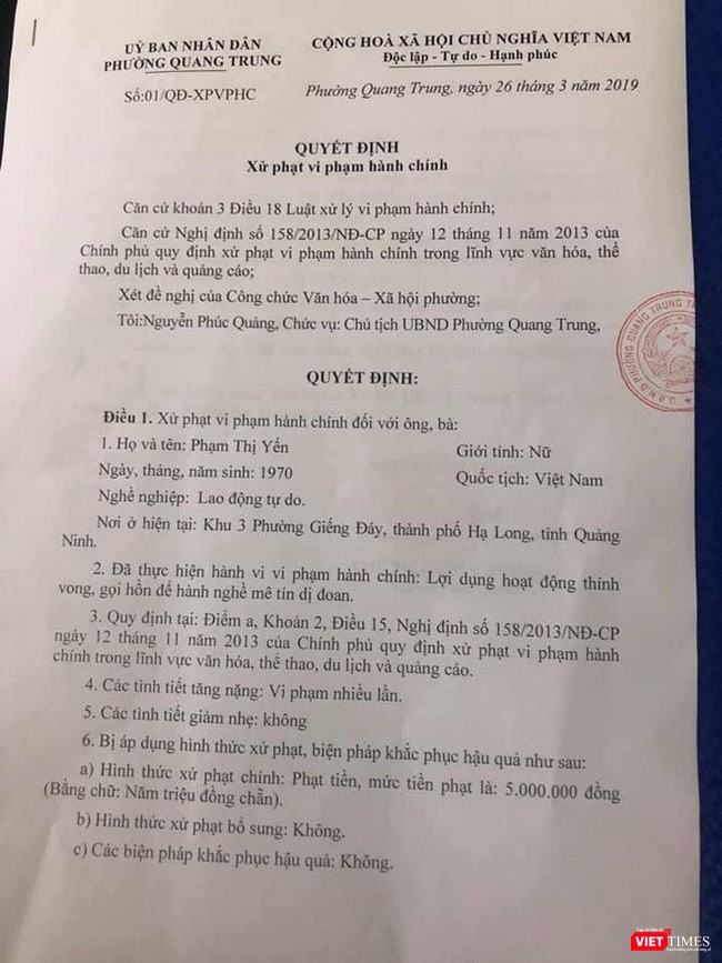 Xử phạt hành chính ban đầu với bà Phạm Thị Yến số tiền 5 triệu đồng.